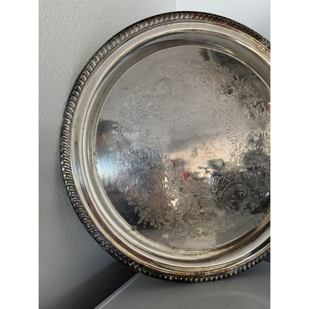 Vintage Sheridan Silver Plated 16" Round Serving Tray Platter Etched Rope Edge - Picture 3 of 10